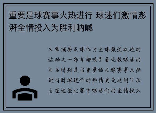 重要足球赛事火热进行 球迷们激情澎湃全情投入为胜利呐喊